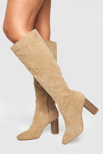 Block Wooden Heel Faux Suede Knee High Boots