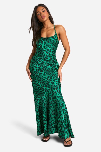 Leopard Print Tie Back Ruffle Hem Maxi Dress