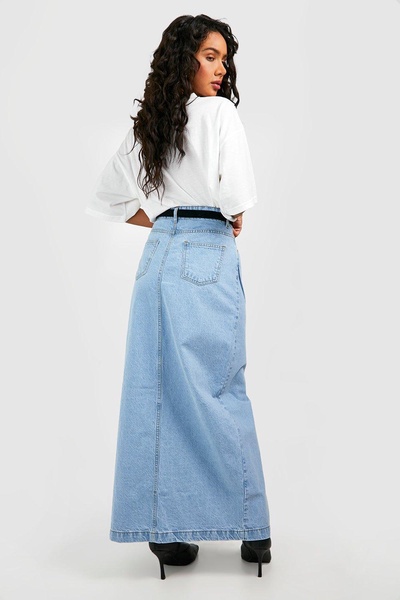 Basic Split Front Denim Maxi Skirt