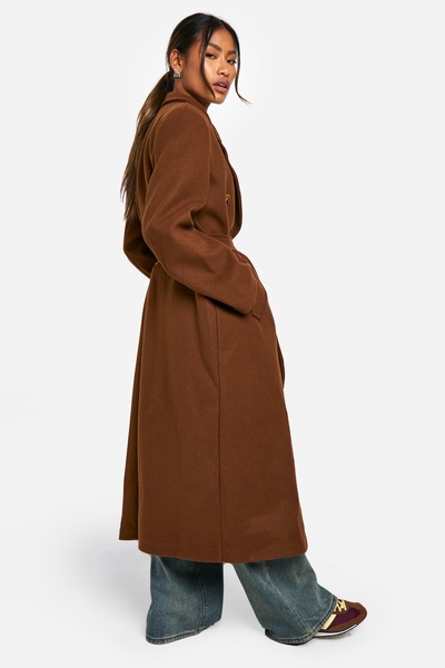 Longline Double Breasted Belted Wool Look Coat