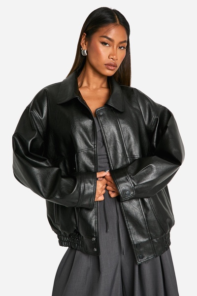 Teddy Lined Faux Leather Oversized Bomber Jacket 