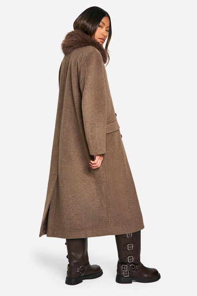 Faux Fur Trim Oversized Double Breasted Wool Look Coat 