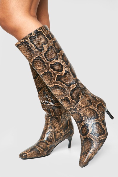 Wide Fit Snake Print Low Square Toe Knee High Boots