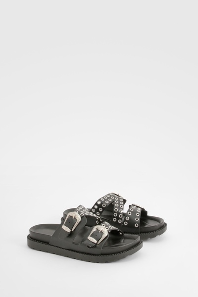 Western Buckle Eyelet Chunky Slides