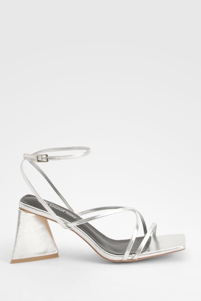 Flared Heel Metallic Cross Strap Heeled Sandals 