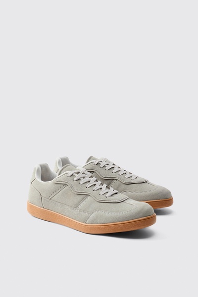 Faux Suede Trainer In Grey with white detail