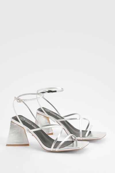 Flared Heel Metallic Cross Strap Heeled Sandals 