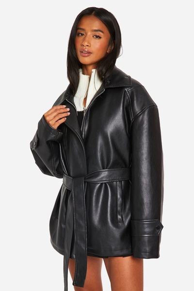 Petite Belted Faux Leather Trench Coat