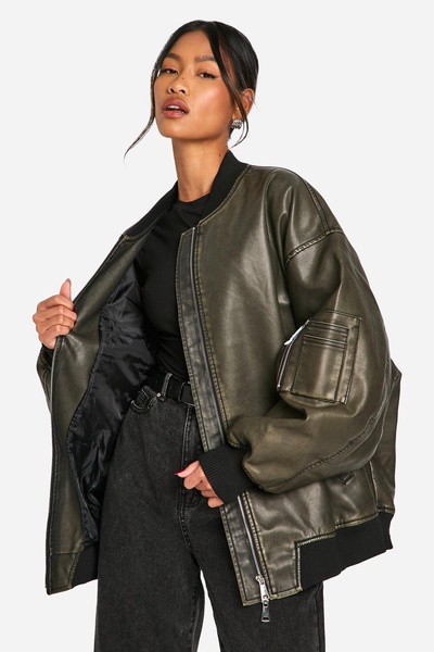 Vintage Look Oversized Faux Leather Bomber Jacket 