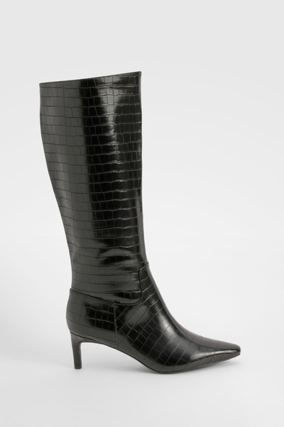 Croc Low Heel Pointed Knee High Boots 