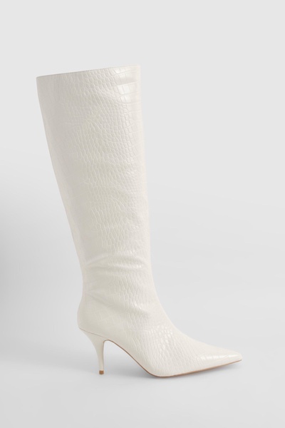 Low Heel Pointed Croc Knee High Boots