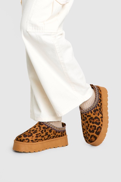 Embroidered Leopard Platform Cozy Mules