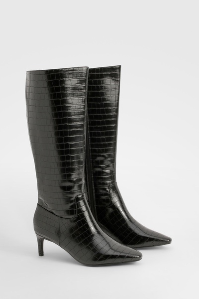 Wide Fit Croc Knee High Low Heeled Boots