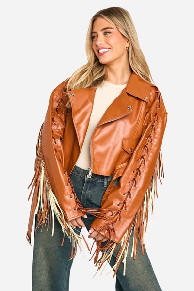 Fringe Detail Belted Faux Leather Biker Jacket