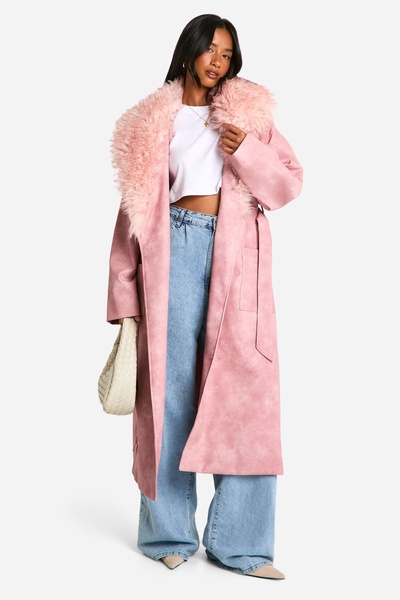 Petite Faux Fur Collar Vintage Look Faux Leather Trench Coat 