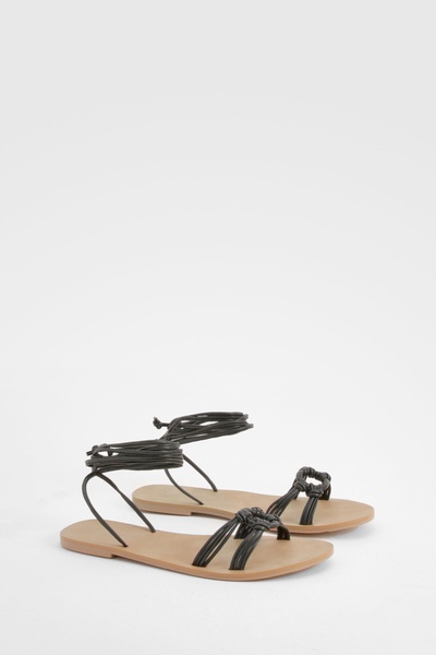 Wide Fit Leather Ring Wrap Up Sandals