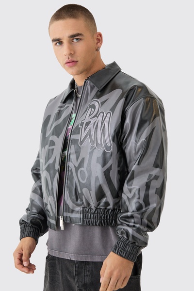 Boxy BM Printed Collared Bomber Jacket In Black