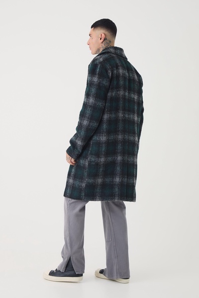 Tall Relaxed Fit Single Breasted Check Overcoat In Green