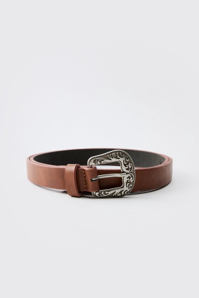 Faux Leather Belt With Western Buckle in Brown