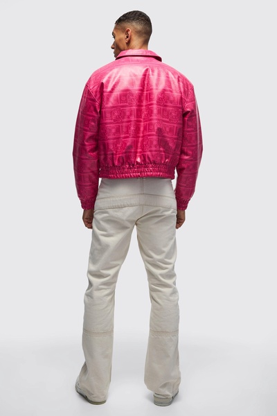 Boxy Dollar Print PU Bomber Jacket In Pink