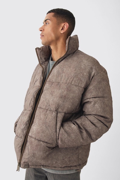 Oversized Crinkle Funnel Neck Puffer Jacket In Brown