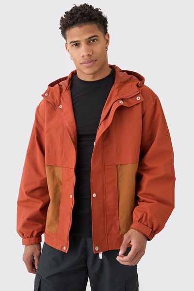 Colour Block Hooded Nylon Windbreaker In Rust