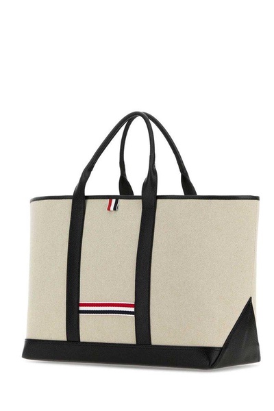 Thom Browne Woman Sand Canvas Medium Rwb-Stripe Shopping Bag