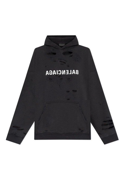 Balenciaga Logo Printed Distressed Hoodie