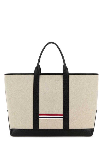 Thom Browne Woman Sand Canvas Medium Rwb-Stripe Shopping Bag