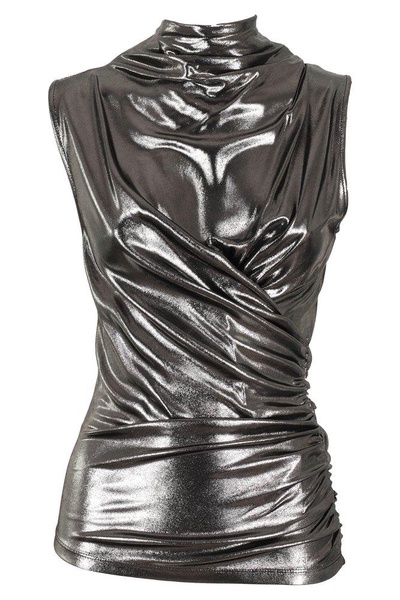 Blumarine Metallic-Finish Gather-Detailed Sleeveless Blouse