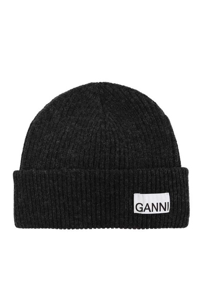 Ganni Logo Patch Rib-Knitted Beanie