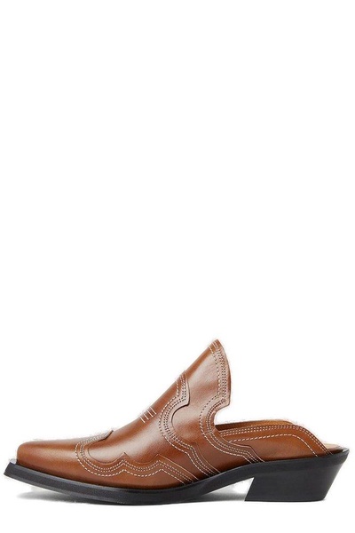 Ganni Western Embroidered Pointed Toe Mules