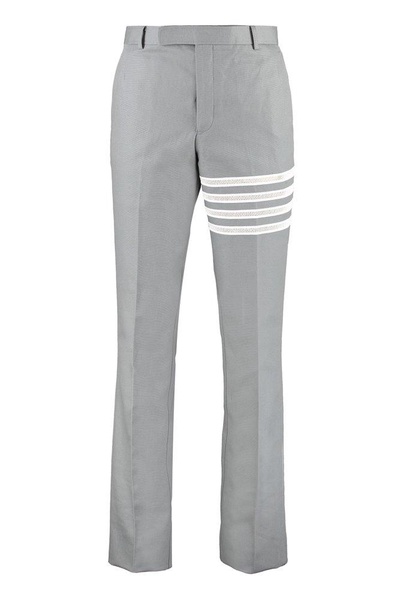 THOM BROWNE Grey Tailored Trousers with Tricolor Detail and Perforated Fabric for Men