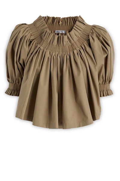 Christian Dior Gather Puff-Shoulder Cropped Blouse