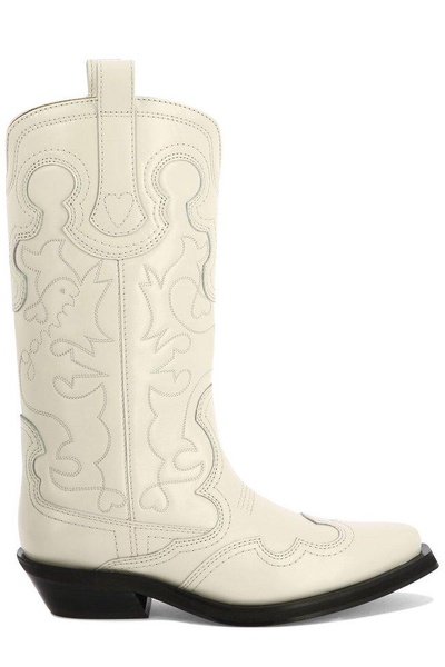 Ganni Embroidered Pointed-Toe Western Boots