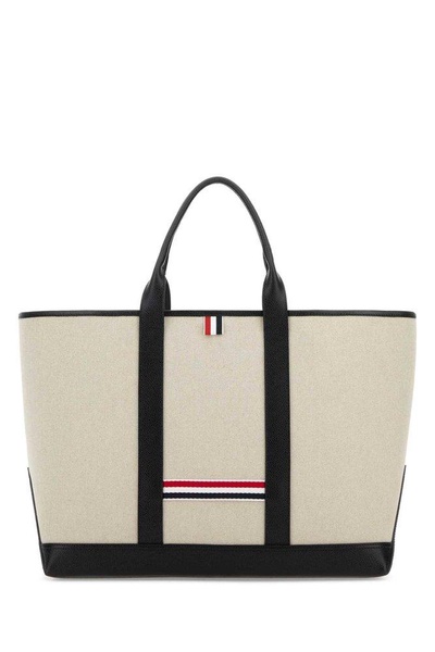 Thom Browne Woman Sand Canvas Medium Rwb-Stripe Shopping Bag