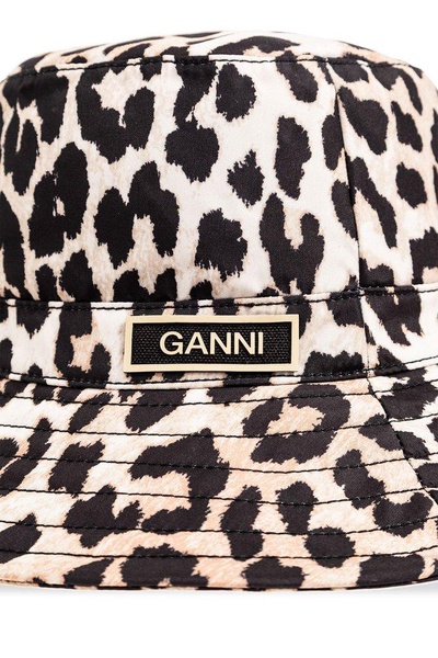 Ganni Leopard Printed Logo Plaque Bucket Hat