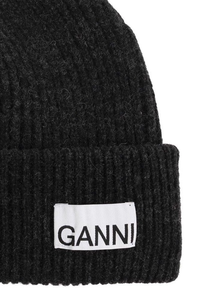 Ganni Logo Patch Rib-Knitted Beanie