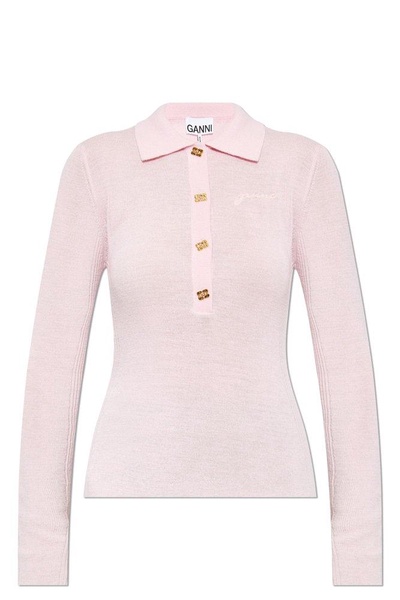 Ganni Long-Sleeved Knitted Polo Top