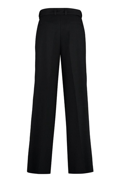 JIL SANDER Men's Black Wide Front Pleated Wool Trousers with Belt and Pockets for SS24