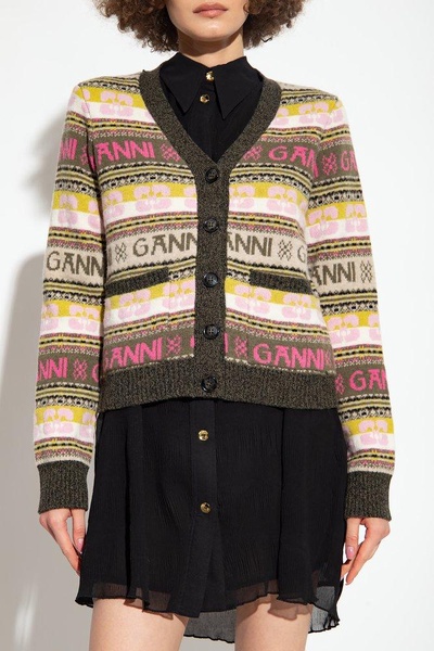 Ganni Logo Intarsia Straight Hem Knitted Cardigan