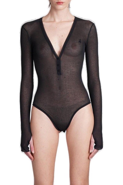 Andrea Adamo Semi-Sheer V-Neck Ribbed Bodysuit