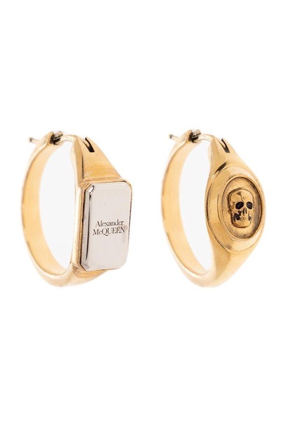 Gold-colored Hoops Earrings With Skull And Logo Engraved In Brass Woman