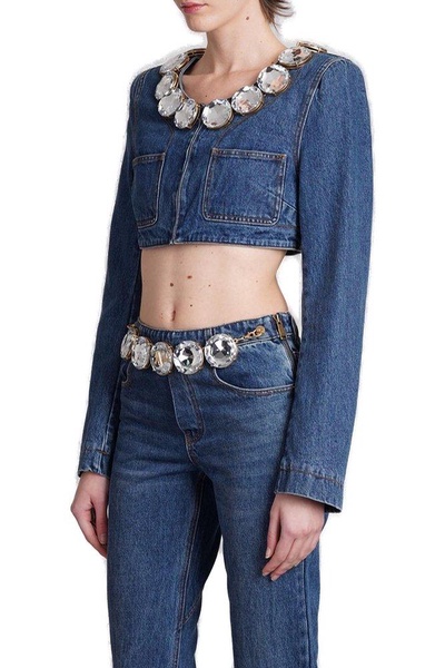 Area Embellished Long-Sleeved Cropped Denim Jacket