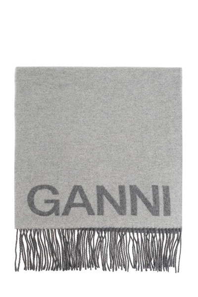 Ganni Logo-Printed Fringed Scarf