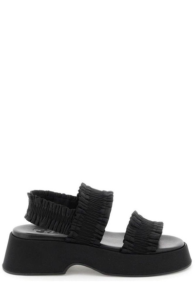 Ganni Smocked-Strap Open-Toe Flatform Sandals