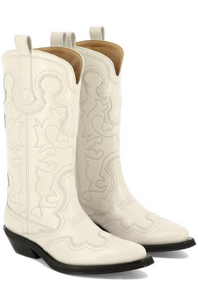 Ganni Embroidered Pointed-Toe Western Boots