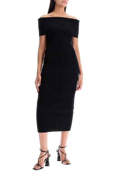 off-shoulder midi knit dress