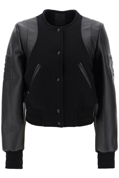 wool and leather cropped bomber jacket