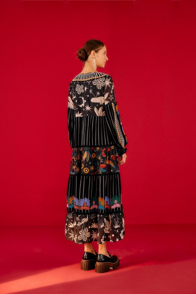 black mixed prints embroidered maxi dress